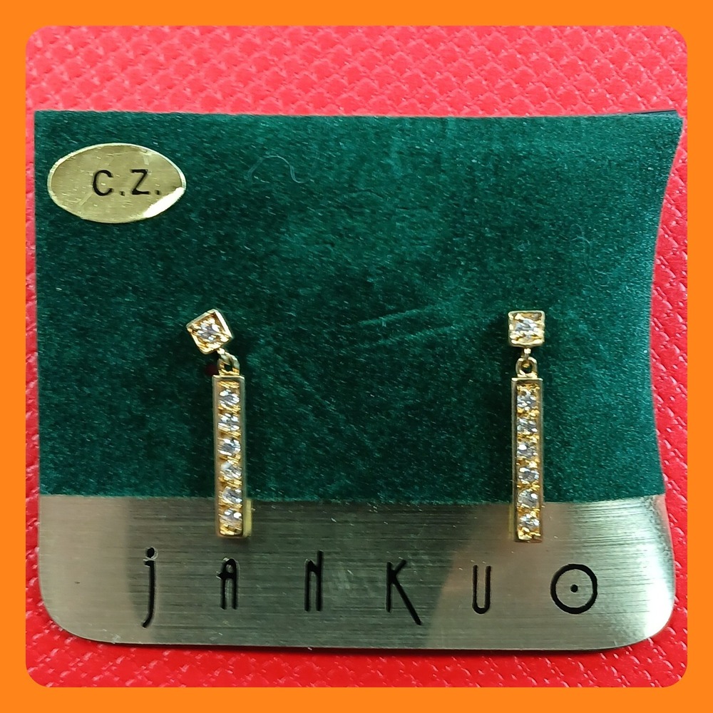 JANKUO Vintage 1990s Gold Tone Cubic Zirconia CZ Bar Drop Earrings Rare New